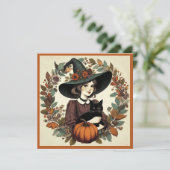 Retro Halloween Hexe mit Schwarzer Katze und Kürbi Karte (Stehend Vorderseite)