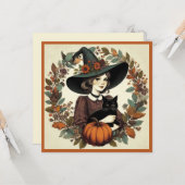 Retro Halloween Hexe mit Schwarzer Katze und Kürbi Karte (Vorderseite/Rückseite Beispiel)