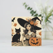 Retro Halloween Hexe und Black Cat Niedlich Karte (Stehend Vorderseite)