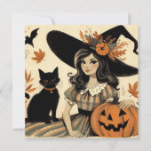Retro Halloween Hexe und Black Cat Niedlich Karte (Vorderseite)
