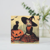 Retro Halloween Hexe und Black Cat Niedlich Karte (Stehend Vorderseite)