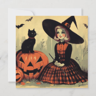 Retro Halloween Hexe und Black Cat Niedlich Karte