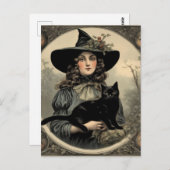 Retro Halloween Hexe und Black Cat Postkarte (Vorne/Hinten)