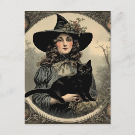 Retro Halloween Hexe und Black Cat Postkarte (Vorderseite)