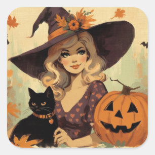 Retro Halloween Hexe und Black Cat Spooky Quadratischer Aufkleber
