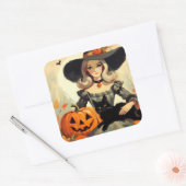 Retro Halloween Hexe und Black Cat Spooky Quadratischer Aufkleber (Umschlag)