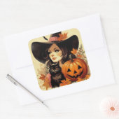 Retro Halloween Hexe und Black Cat Spooky Quadratischer Aufkleber (Umschlag)