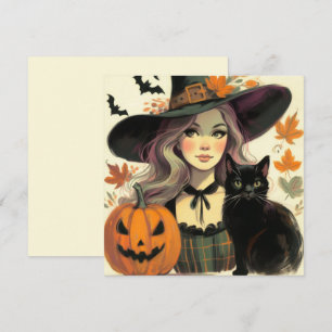 Retro-Halloween-Hexe und schwarze flache Grußkarte Karte