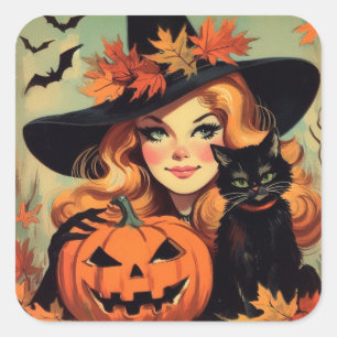 Retro-Halloween-Hexe und schwarze Katze Gruselig Quadratischer Aufkleber