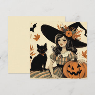 Retro-Halloween-Hexe und schwarze Katze süß Karte