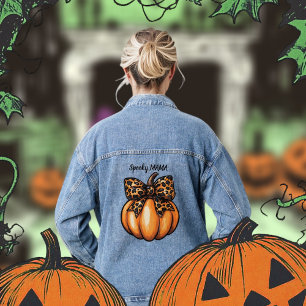 Retro Halloween Leopart Pumpkin Bow Coquette Jeansjacke