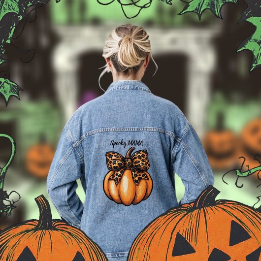 Retro Halloween Leopart Pumpkin Bow Coquette Jeansjacke