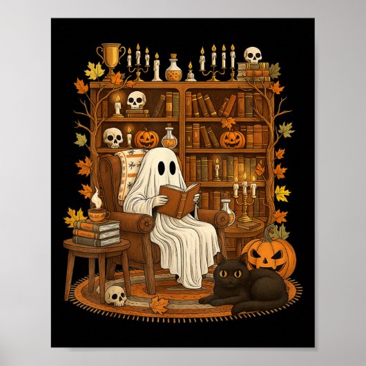 Retro Halloween Leseregal Ghost Reading Buch Lover Poster (Vorne)