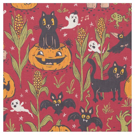 Retro Halloween Muster im Vintagen Cartoon Stil. Stoff (Nahaufnahme)