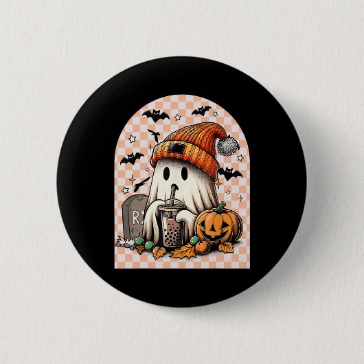 Retro Halloween Niedlich Ghost Drink Kaffee Pumpki Button (Vorderseite)