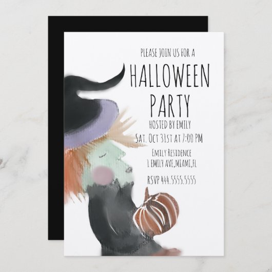 Retro Halloween-Party Wasserfarbe Hexenkürbis Einladung (Vorne/Hinten)