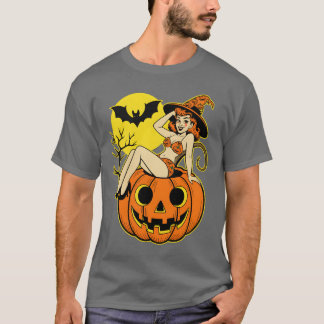 Retro-Halloween-Pinup-Hexe auf Kürbis T-Shirt