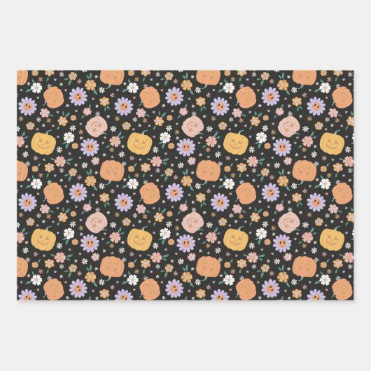 Retro Halloween Pumpkins und Blume Muster Geschenkpapier Set (Vorderseite)