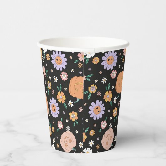 Retro Halloween Pumpkins und Blume Muster Pappbecher (Rechts)