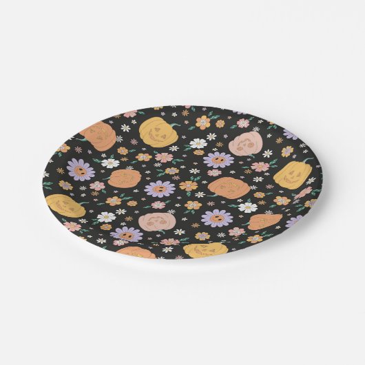 Retro Halloween Pumpkins und Blume Muster Pappteller (Schrägansicht)