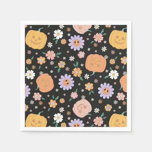 Retro Halloween Pumpkins und Blume Muster Serviette (Vorderseite)