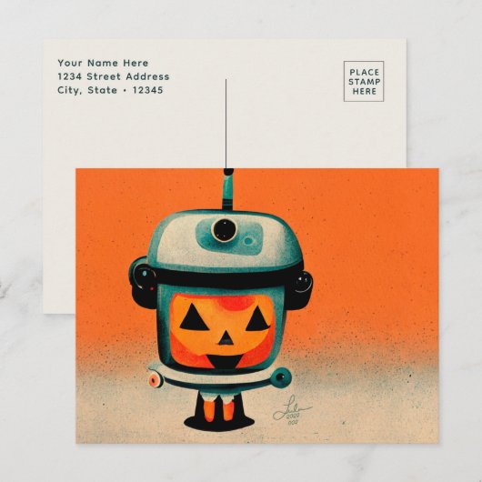 Retro Halloween Robot 002 ・ Niedliche Kinderkunst Postkarte (Vorne/Hinten)