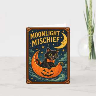 Retro Halloween Schwarze Katze & Mond Feiertagskarte