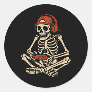 Retro-Halloween-Skelett-Gamer-Videospiel-Jungen M Runder Aufkleber