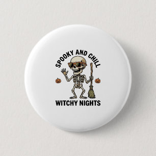 Retro-Halloween-Skelett-Gravur Hexenbesen-Shirt Button