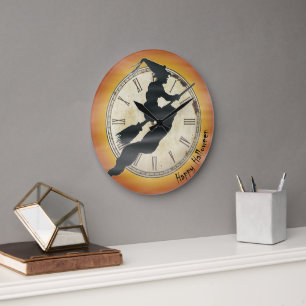 Retro Halloween Witch Broom Silhouette Große Wanduhr