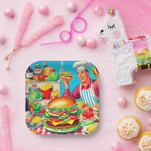 Retro Hamburger Comic Illustration Pappteller (Party)