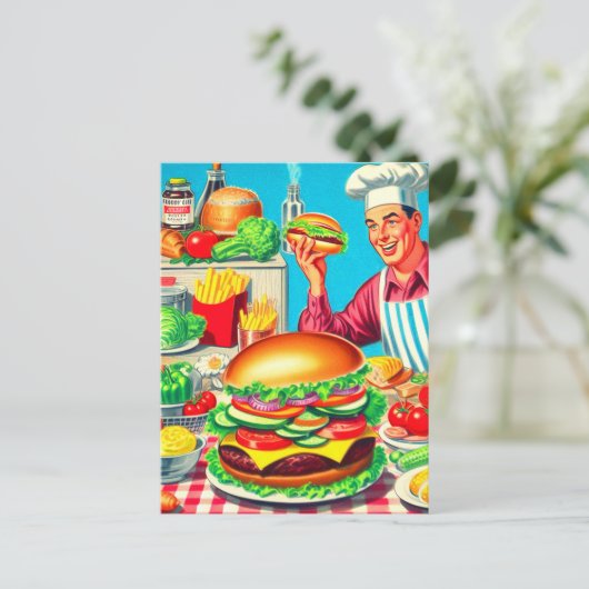 Retro Hamburger Comic Illustration Postkarte (Stehend Vorderseite)