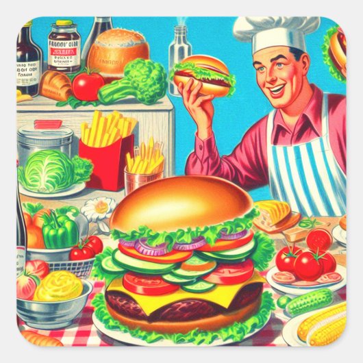 Retro Hamburger Comic Illustration Quadratischer Aufkleber (Vorderseite)