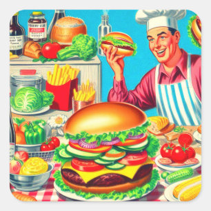 Retro Hamburger Comic Illustration Quadratischer Aufkleber