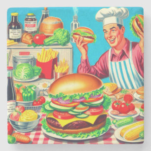 Retro Hamburger Comic Illustration Steinuntersetzer