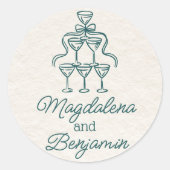 Retro Hand Drawn Aquamarin Champagner Tower Names Runder Aufkleber (Vorderseite)