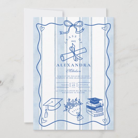 Retro Hand Drawn Blue Abschluss Einladung (Vorderseite)