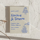 Retro Hand Drawn Blue Cake Bows Unique Wedding  Einladung