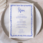 Retro Hand Drawn Blue French Wedding Menükarte<br><div class="desc">Französische Hochzeitskarten mit handgeschriebenem Menü Menü Elegante Kalligraphie Essen und Trinken Hochzeitsmenüs | Rustikale Hochzeitsmenüs,  rustikale Hochzeitsmenüs,  rustikales Hochzeitsmenü,  Blumenmenü,  Menü für Hochzeitstische</div>