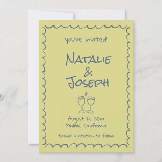 Retro Hand Drawn Blue Green Funky Boho Wedding Save The Date (Vorderseite)