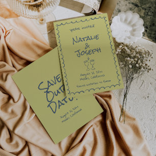 Retro Hand Drawn Blue Green Funky Boho Wedding Save The Date