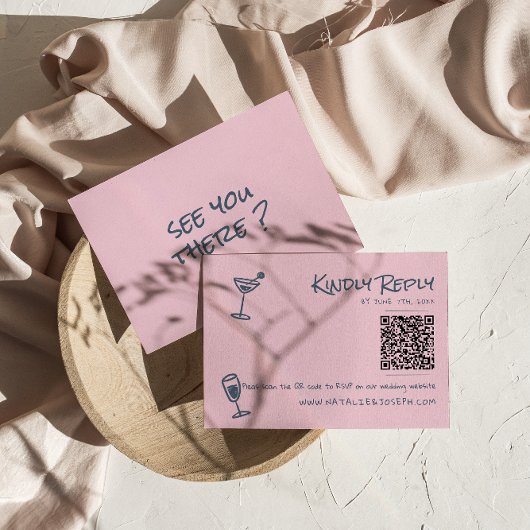 Retro Hand Drawn Blush Pink Funky QR Code Hochzeit RSVP Karte