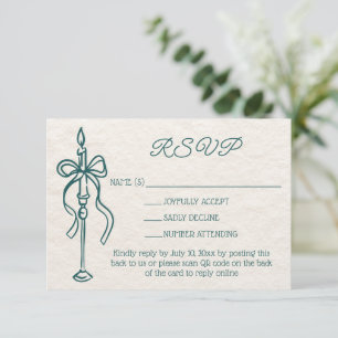 Retro Hand Drawn Bow Aquamarin Wedding Website QR  RSVP Karte