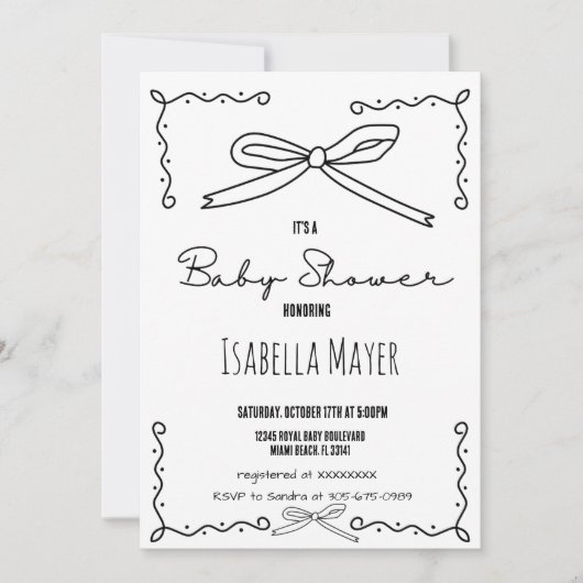 Retro Hand Drawn Bow Baby Dusche Einladung (Vorderseite)