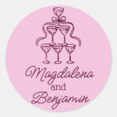 Retro Hand Drawn Burgundy Champagne Tower Names Runder Aufkleber (Vorderseite)