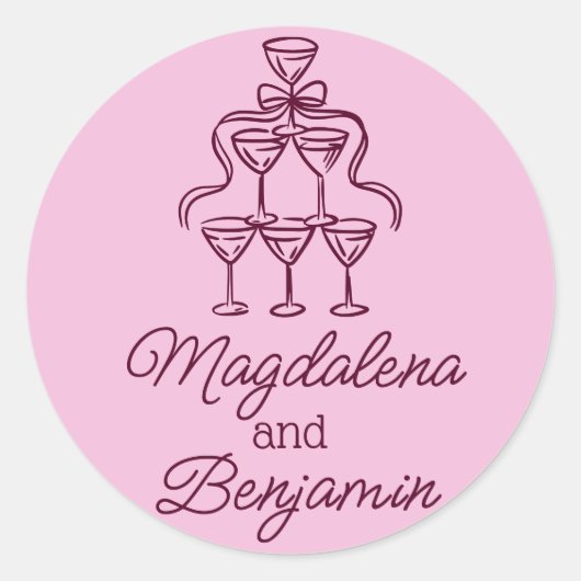 Retro Hand Drawn Burgundy Champagne Tower Names Runder Aufkleber (Vorderseite)