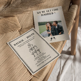 Retro Hand Drawn Champagne Altes Geld Foto Hochzei Einladung