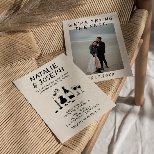 Retro Hand Drawn Champagne Quirky Foto Hochzeit Einladung