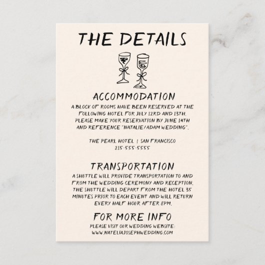 Retro Hand Drawn Champagne Quirky Wedding Details Begleitkarte (Vorderseite)