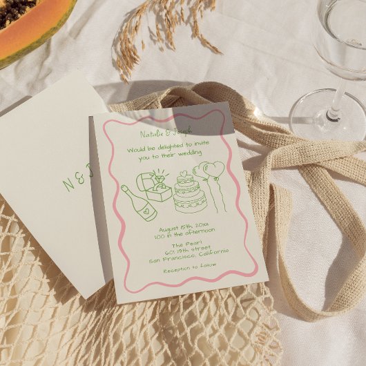 Retro Hand Drawn farbenfrohe Funky Moderne Hochzei Einladung